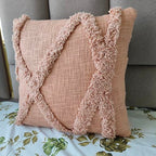 Boho Tufted Throw Pillow Cover, Blush Pink, Cotton, Geometric Diamond Pattern with Fringe