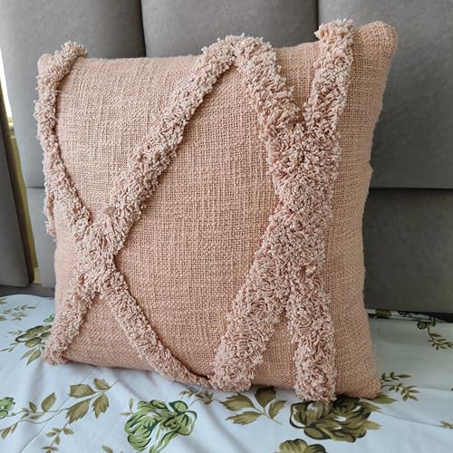 Boho Tufted Throw Pillow Cover, Blush Pink, Cotton, Geometric Diamond Pattern with Fringe