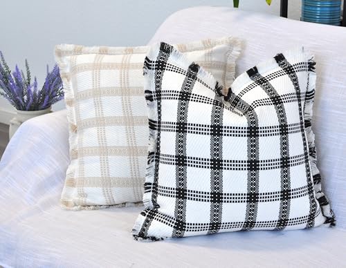 Checkered Throw Pillow Covers with Fringe Set of 2 Woven Cotton Plaid Cushion Covers With Tassels Trim Edge Square Pillow Cases Classic Scandinavian Cottagecore Checks Pattern Black and White 18x18 - color: Black, size: 18" x 18" (Pack of 2)