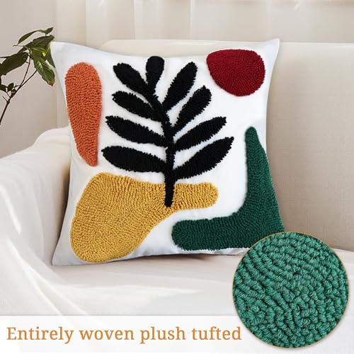 Boho Accent Pillow Covers 18x18- Tufted Abstract Modern Square Throw Pillow Covers, Farmhouse Decorative Pillowcase for Couch, Sofa, Bed, Living Room-Dark Green Khaki Red Geometric Black Leaf - color: Green Botanical Tufted