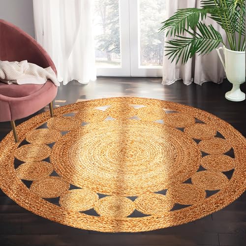 Hand Woven Braided Jute Rug - 5' Round - Reversible Farmhouse Dining Room Rug, Living Room, Bedroom, Kitchen - Natural Decorative Floor Boho Entry Area Rugs - Round Area Rugs 5ft - color: Natural Jute 6, size: 5' (Round)