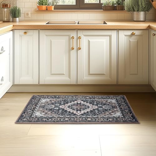 Lessymo 2 x 3 Entryway Rug, Machine Washable Area Rugs Boho Faux Wool Low Pile Area Rug for Bedroom, Floral Medallion Vintage Outdoor Rugs with Non-Slip Rubber,Black Brown - color: Black Brown, size: 2' x 3' (Rectangular)