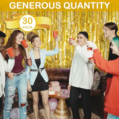 30 Pack Gold Foil Fringe Curtain Backdrop, 3.3x8.2 Feet Metallic Tinsel Streamer Curtains Photo Booth Props for Birthday/Wedding/Graduation/Baby Shower/Christmas/New Year/Disco Party Decorations - color: Gold