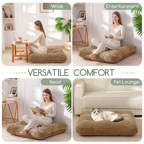 HIGOGOGO 35" Floor Pillow Cushion for Adults, Meditation Cushion Pillow, Extra Large Square Floor Sitting, Tufted Corduroy Cover for Tatami Living Room or Yoga, Coffee - color: Coffee, size: 4" Thick Square