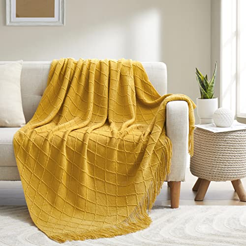 Acrylic Knitted Throw Blanket, Lightweight and Soft Cozy Decorative Woven Blanket with Tassels for Couch, Bed, Sofa, Travel, Suitable for All Seasons, 50 x 60 Inches, Mustard Yellow - color: Mustard Yellow