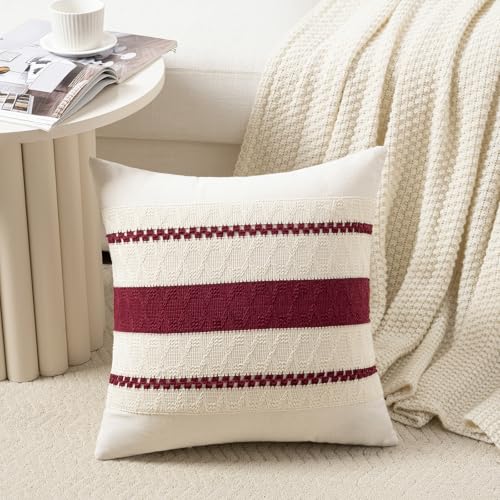 Fancy Homi Set of 2 Burgundy Boho Decorative Throw Pillow Covers 16x16 Inch for Couch Bed Sofa, Aesthetic Modern Farmhouse Christmas Room Decor, Soft Cotton Cute Textured Wind Red Cushion Case - color: Burgundy, size: 16" x 16" (Pack of 2)