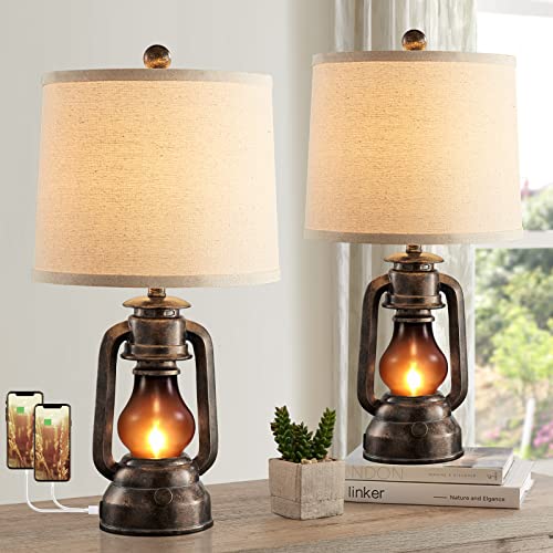 Farmhouse Lantern Table Lamps for Living Room Set of 2, Vintage Bedroom Resin Lamp with Dual USB Charging Ports, Rustic Retro Bedside Nightstand Desk Lamp, 4 Bulb Included - color: Bronze - 22'' Lantern Lamps