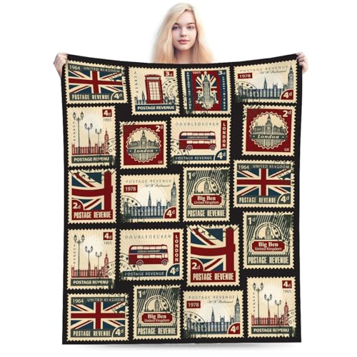 British Stamp Throw Blanket, Vintage England Buildings London Culture Element Retro Warm Cozy Flannel Soft Blanket for Couch Chair Sofa Bed Bedroom Living Room Car for All Season 30"x 40" - color: Country02, size: 30X40 inch