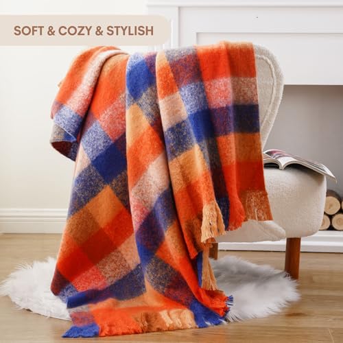 Battilo Fall Orange Plaid Throw Blanket for Couch, Colorful Mohair Tartan Plaid Blanket, Farmhouse Style Throw Blankets for Fall Home Decor(50"x60") - color: Multi Orange