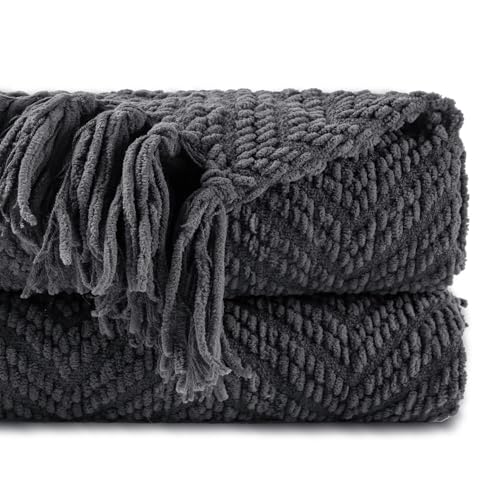 BATTILO HOME Dark Grey Throw Blanket for Couch, Knit Charcoal Throw Blanket Versatile for Chair, 50 x 60 Inch - Super Soft Warm Grey Blanket with Tassels for Bed, Sofa and Living Room - color: Grey, size: 50"x60"