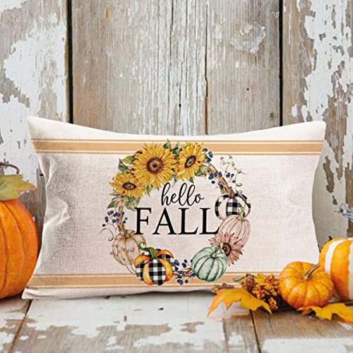 Hello Fall Pumpkin Pillow Covers 12x20 Inch Autumn Harvest Sunflowers Buffalo Check Orange Pumpkin Throw Lumbar Pillow Cover Thanksgiving Day Farmhouse Decorations Cushion Case - color: Hello Fall Pumpkin Sunflower