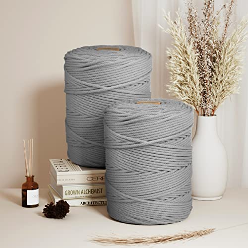 Macrame Cotton Cord 5mm x 328yds, ZUEXT Natural Handmade Light Grey Braided Cords 4 Strands Knitted Rope String for Craft Wall Hanging Weaving Tapestry Dream Catchers Hanger DIY Gift (300m) - color: Light Grey, style: 5mm x 300m