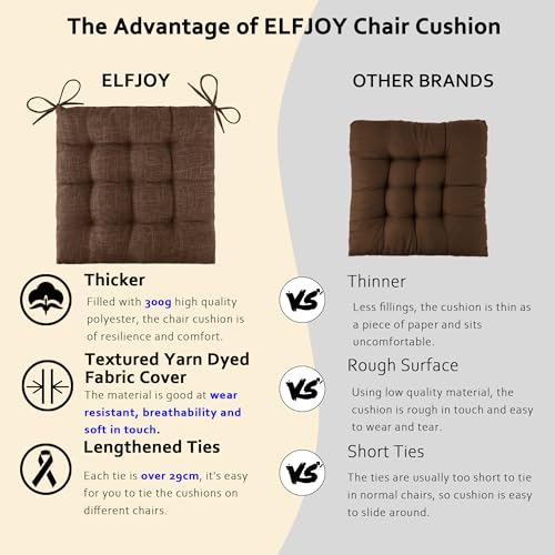 ELFJOY 4 Pack Chair Cushions for Dining Chairs Chair Pads Cushion for Kitchen Office Tufted Textured Square Seat Cushion with Ties (16" Dark Coffee) - color: Dark Coffee