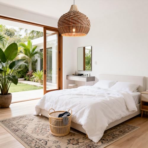 Bohemian Pendant Light, 19" Handwoven Rattan Chandelier, Farmhouse Ceiling Light with Adjustable Cord, Natural & Brown Hanging Light Fixture for Kitchen Island, Dining Room, Bedroom, Living Room - color: D3053