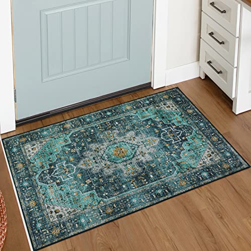 Moynesa Ultra-Thin Washable Area Rug - 2x3 Teal Small Entryway Rug Front Indoor Doormat, Boho Non-Slip Stain Resistance Low Pile Accent Carpet for Kitchen Bathroom Home Laundry Room Hall Decor - color: Teal, size: 2' x 3'
