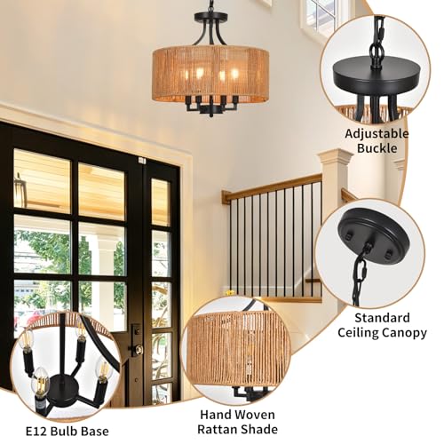 15.7'' Hand Woven Rattan Chandelier, 4-Light Boho Chandelier Rattan Pendant Light Fixture, Wicker Farmhouse Chandeliers for Dining Room Bedroom Living Room Foyer