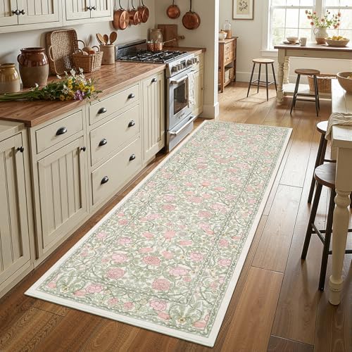 GarveeHome Pink and Green Beige Vintage Floral Small Rug 2x3 Door Mat Indoor Rugs for Entryway Washable Non-Slip TPE Backing Soft Low-Pile Rugs for Bathroom Bedroom Kitchen - color: A Beige / Pink, size: 2' x 3' (Rectangular)