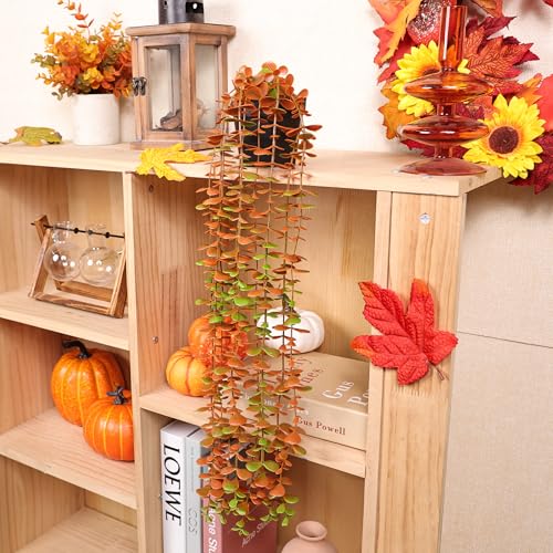 Der Rose 1Pcs Fake Fall Plants Hanging Orange Artificial Potted Faux Eucalyptus Plant Decorations for Fall Thanksgiving Bathroom Table Centerpiece Wall Kitchen Room Decor Indoor and Outdoor - color: Orange
