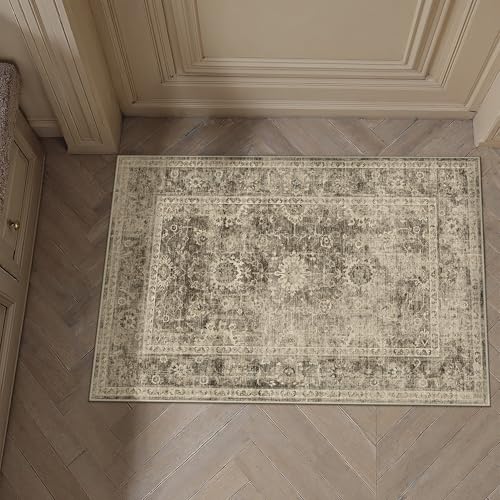 2x3 Washable Area Rug for Entryway Brown Vintage Non-Slip Low Pile Distressed Rustic Carpet Door Mat Soft Small Throw Rug for Indoor Entrance Bathroom - color: Retro | Brown, size: 2' x 3' (Rectangular)