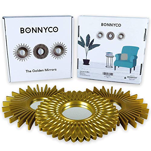 BONNYCO Gold Mirrors for Wall Pack of 3, Round Wall Mirrors Bedroom Room and Home Decor. Espejos Decorativos de Pared Sala Dormitorio, Modern Minimalist Decor Vintage, Chic. Gifts for Women, Mums - color: Gold