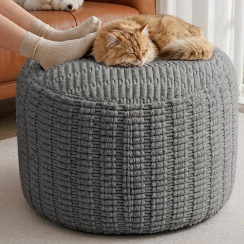 Large Round Pouf Ottoman Stuffed Corduroy Poufs Foot Rest with Foam Filling Fluffy Pouf Storage Foot Stools Ottoman Rest for Living Room Couch 26 X 18 Inches, Grey - color: Grey, size: 26"D x 26"W x 18"H