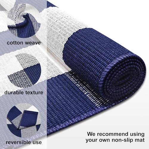 Checkered Runner Rugs 2x6 ft Navy and White Checkered Rug Buffalo Plaid Cotton Woven Mat for Hallways Kitchen Bedroom Living Room Porch Farmhouse Decor - color: Navy and White, size: 2‘×6’