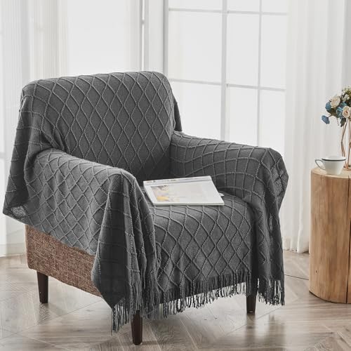 inhand Grey Throw Blanket for Couch and Bed, Soft Living Room Home Decor Knitted Blanket with Tassel, Outdoor Lightweight Breathable Summer Blanket, Farmhouse Warm Woven Decorative, 50"x60" - color: Dark Grey, size: 50"x60"