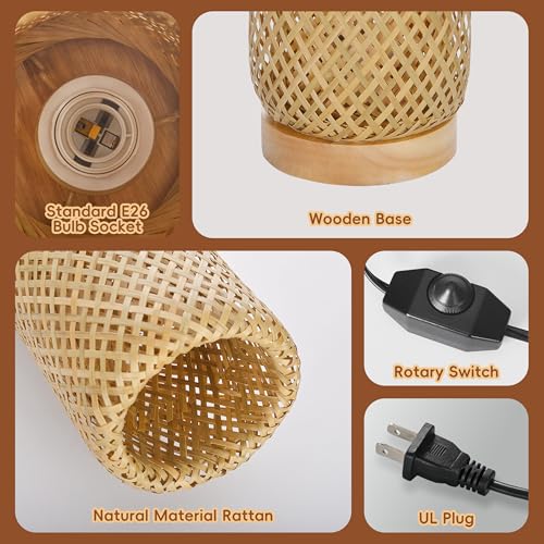 Behemian Bamboo Table Lamp, Dimmable Rustic Farmhouse Hand Wicker Desk Lamp Bedside Lamps Night Light Decorations for Bedroom, Living Room, Home Office, Nursery, Reading Nook (Bulb Included)