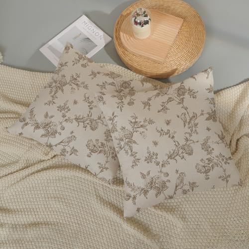 Brown Throw Pillow Covers 18x18 Inch 2 Pcs Chinoiserie Beige Floral Bird Decor Pillow Covers Vintage Toile Flower Seasonal Outdoor Decorative Pillowcase Linen Cushion Cover for Couch Sofa - color: Brown, size: 18" x 18" (Pack of 2)