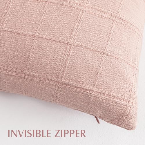 Foindtower Set of 1 Decorative Linen Check Throw Pillow Cover Neutral Farmhouse Vintage Cushion Cover Modern Coastal Boho Accent Home Decor for Sofa Chair Couch Bed Living Room,16×16 Inch,Light Pink - color: Light Pink, size: 16" x 16" (Pack of 1)