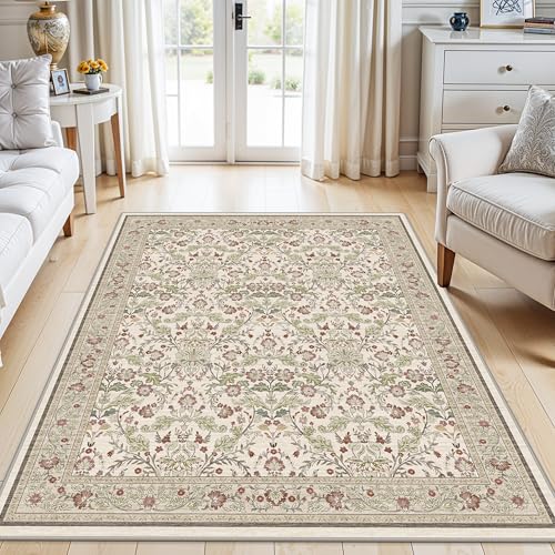 4x5 Rug Entryway Washable: Non-Slip Floral Area Rug for Bathroom Kitchen- Farmhouse Low Pile Stain Resistant Carpet Long Thin Front Door Mat (4x5 Off-White/Green/Multi) - color: Off-white, size: 4' x 5' (Rectangular)