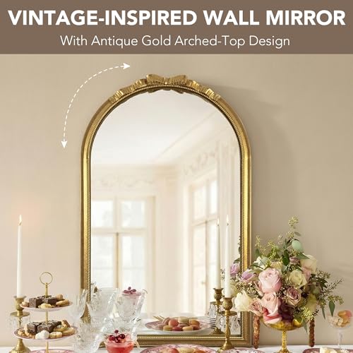Vintage Arched Gold Carved Bow Wall Mirror - 24''x39''Champagne Gold Large Baroque Wall-Mounted Mirror - Twisted Rope Metal Frame - Antique French Ornate Mirror for Entryway/Hallway/Bathroom - color: Bow - Champagne Gold (39"l X 24"w)