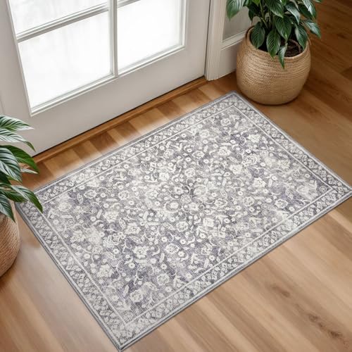Vintage Entryway Rug, Gray Ivory 2x3 Washable Non-Slip Carpet, Soft Thin Faux Wool Small Area Rug for Front Door, Kitchen, Bedroom, Foyer - color: Gray Ivory 01, size: 2' x 3' (Rectangular)