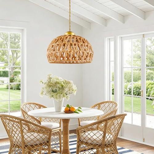 Boho Rattan Pendant Light, Adjustable Hanging Light Fixture with Natural Woven Shade, E26 Base Compatible for Kitchen Island, Bedroom, Living Room (Bulb Not Included) - color: 9.8”hemispherical shaped