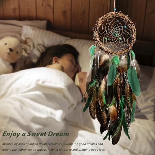 Dream Catcher Native American Boho Dreamcatcher Rattan Wall Decor, Handmade Natural Peacock Feathers Green Colorful Beaded Hanging Oranment Indian Decor for Girls Bedroom (Green Peacock Feather) - color: Green Peacock Feathers