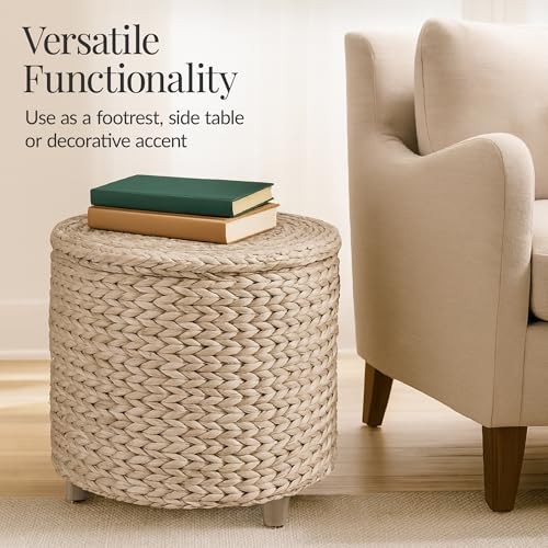 Best Choice Products 17" Round Storage Ottoman W/Lid, Handwoven Water Hyacinth Footstool, Footrest w/Wooden Legs, Accent Side Table, Storage Container, Plant Stand - Whitewash - color: Whitewash