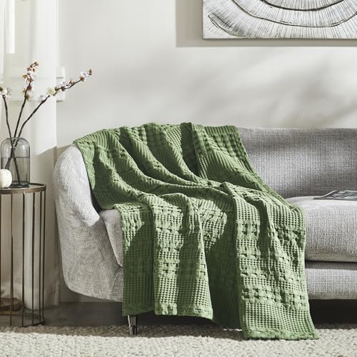 VHC Brands 100% Cotton Waffle Weave Olive Green Throw 50x60, Decorative Cotton Throw Blanket, Boho Farmhouse Bedroom, Living Room Decor for Bed, Couch, or Sofa - color: Olive Green, size: Throw (50"x60")