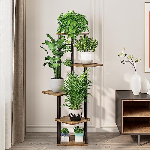 5 Tier Wood Tall Plant Stand Metal Rack Indoor, Multiple Flower Pot Holder Shelves Corner Rack, Planter Shelf Display Rack Storage Organizer for Patio Living Room Balcony Garden(Black) - color: Black, size: 5 Tier