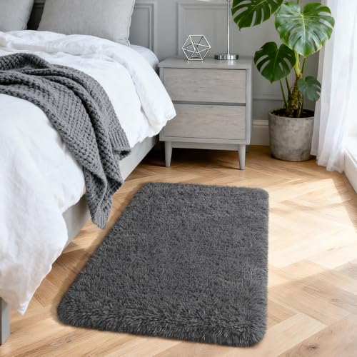 Merelax Fluffy Shaggy Small Area Rug, Dark Grey 2x3 Doormat Door Rugs for Bedside Christmas Decor, Mini Fuzzy Plush Throw Rug, Soft Non-Slip Entryway Shag Catpet for Livingroom Holiday Home Aesthetic - color: Dark Grey, size: 2' x 3' (Rectangular)