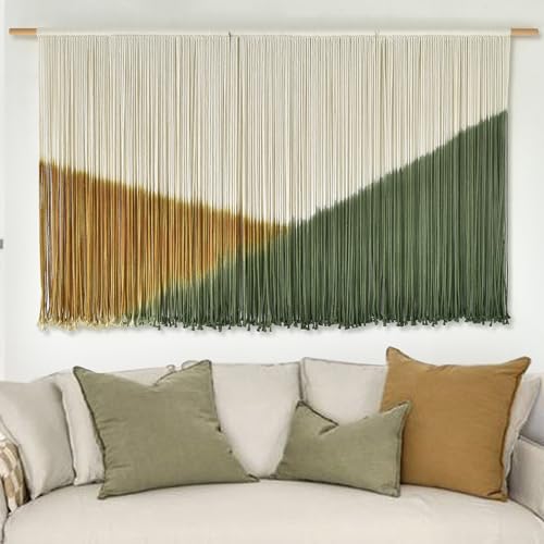 Flber Macrame Wall Hanging Large Yarn Wall Art 57" W x 31" L Modern Bohemian Home Décor for Living Room or Bedroom - color: Green Yellow