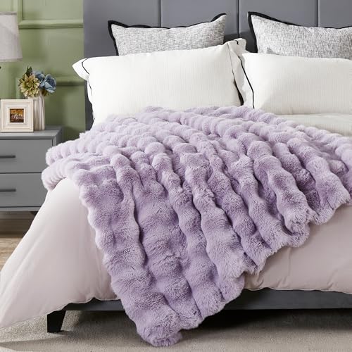JONIYEAR Soft Fluffy Oversized Bubble Faux Rabbit Fur Throw Blanket 60" x 70", Reversible Solid Thick Warm Fuzzy Blanket for Winter, Luxury Cozy Shaggy Furry Blankets for Bed, Twin Size, Lilac Purple - color: Lilac Purple - 900gsm, size: Twin Size - 60" x