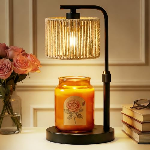 Candle Warmer Lamp, Timer Dimmable Candle Lamp, Adjustable Height and Brightness Black Candle Warmer, Boho Rattan Lampshade and 2 Bulbs, Suitable for Home Decor, Birthday Gifts for Women Mom - color: Rattan-Black