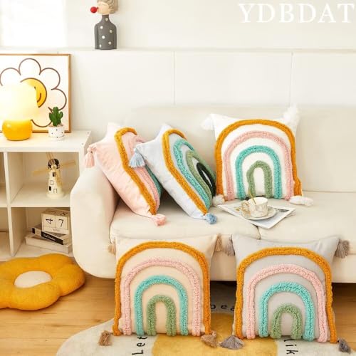 Boho Decorative Rainbow Colorful Throw Pillow Covers 18x18 Farmhouse Tufted Textured Pillow Covers with Tassels Woven Cushion Case for Sofa Bed Living Room Hallowmas Ivory x1 - color: Ivory, size: 18" x 18" (Pack of 1)