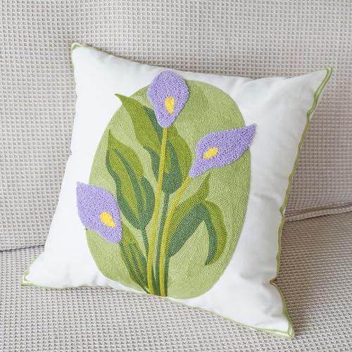 vctops Farmhouse Calla Lily Cotton Tufted Throw Pillow Cover Spring Floral Embroidery Pillowcase Soft Square Cushion Case for Sofa Couch Bed Chair (Purple C,18"x18") - color: Purple C