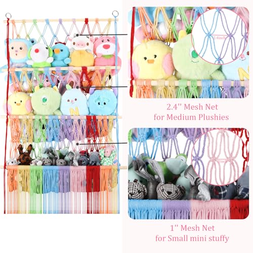 3 Tier Stuffed Animal Storage Shelf Net, 24x39 Inch Large Plushie Net w/ LED Light & Clips for Mini Medium Stuffy Teddy, Rainbow Boho Macrame Wall Toy Holder Display for Nursery Kids Girls Boys - color: Rainbow, size: Large-3 Tier-24x39 Inch