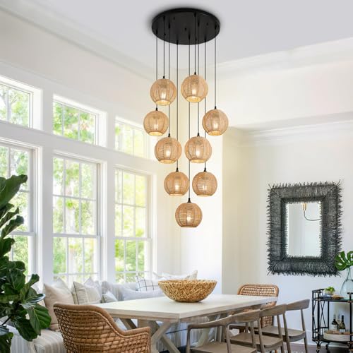 Round 9 Light Boho Pendant Light Rattan Hanging Lamp Hand Woven Wicker Small Chandelier Hanging Lights Fixture for Bedroom Kitchen Hallway Foyer - size: Round 9 Lights
