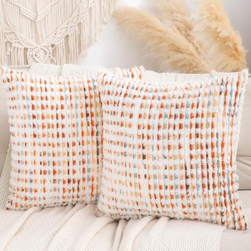 LUOYEHK Boho Throw Pillow Covers 18x18 Inch Set of 2 Chenille Tufted Pillowcase Farmhouse Neutral Cushion Covers for Couch Sofa Bed Living Room, Orange Red - color: Orange Red, size: 18" x 18" (Pack of 2)