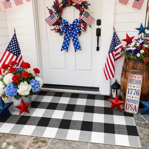KIMODE Buffalo Plaid Outdoor Checkered Rug 24'' x 51", Black and White Door Mat Outside Entrance, Cotton Woven Washable Farmhouse Layered Outdoor Mats for Spring Front Door Decor Porch Entryway - color: Black/White, size: 2' x 4'3" (Rectangular)