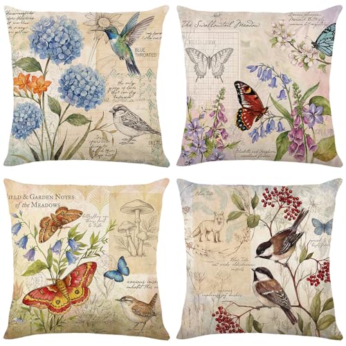 wyooxoo Farmhouse Pillow Covers 20x20 Set of 4 Spring Summer Throw Pillow Covers Linen Flower Butterfly Bird Decorative Pillowcases for Sofa Couch Living Room Outdoor - color: Color C, size: 20" x 20" (Pack of 4)