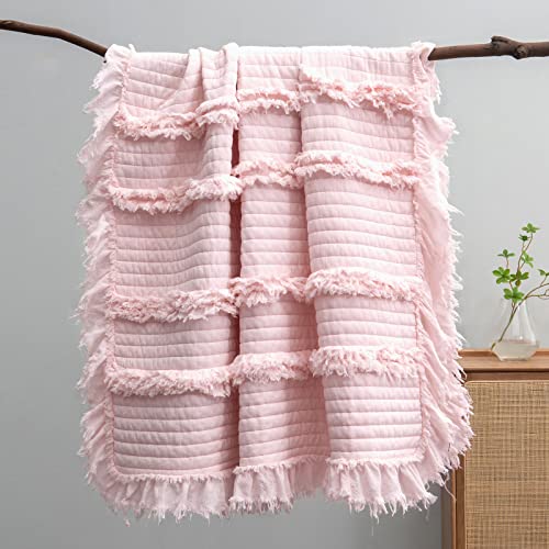 Ultra Soft Pre-Washed Quilted Throw Blanket, Ruffle Fringed Pink Boho Decorative Throw, Stone Washed Chic Rustic Blanket for Sofa Couch Bed Chair, 50"x 60" - color: Baby Pink, size: 50"x60"